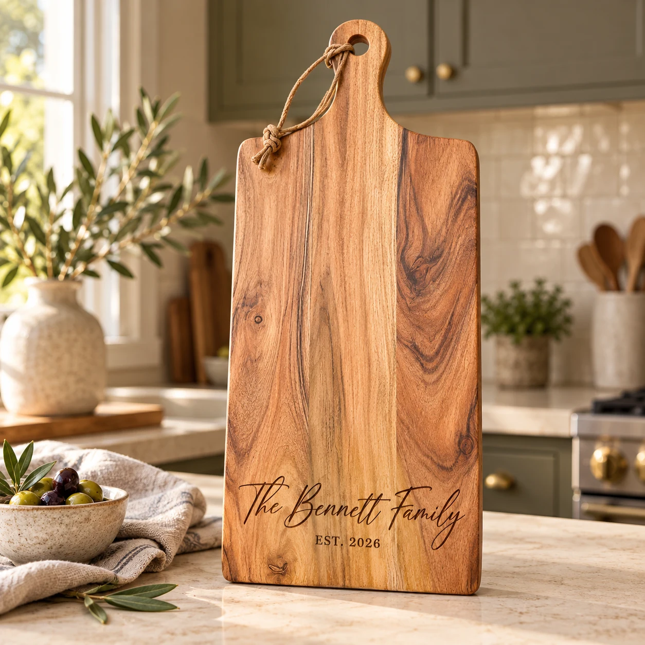 Personalized family serving board in a warm kitchen