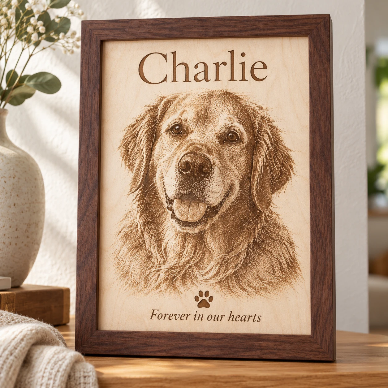 Engraved portrait keepsake of a golden retriever